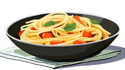 Poster - Delicious pasta dish with fresh tomato sauce served on a stylish black bowl with vibrant vegetables on striped table linen