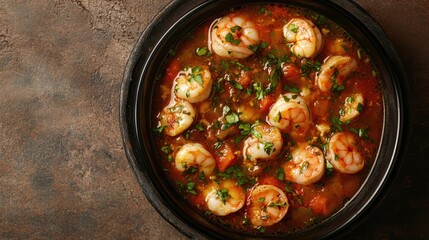 Poster - Nutritious seafood soup featuring shrimp and scallops garnished with fresh herbs in a black bowl on rustic background