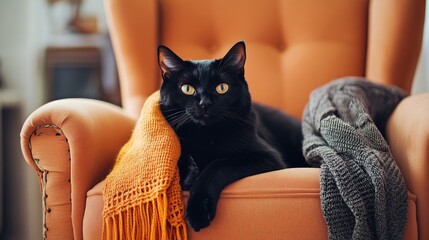 Poster - Black cat lounging in a cozy orange armchair with colorful scarves creating a warm inviting atmosphere perfect for text space