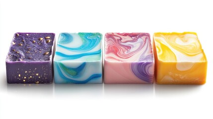 Poster - Colorful artisanal soaps with swirls and textures displayed on a white background showcasing beauty and craftsmanship for skincare products