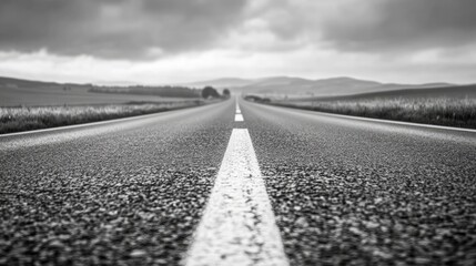 Aufkleber - Monochrome bokeh effect on an empty road with distant mountains and cloudy sky creating a serene, atmospheric landscape scene