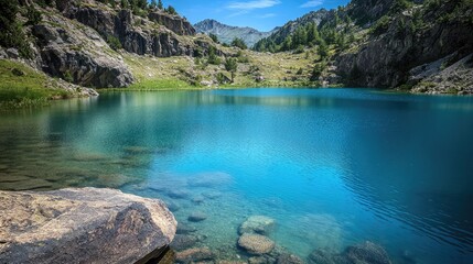 Aufkleber - Serene turquoise blue lake surrounded by lush greenery and mountains under a clear sky in a picturesque natural landscape