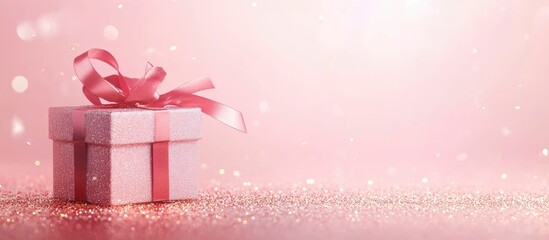 Poster - Festive Christmas Gift Box with Glitter and Soft Pink Background for Holiday Promotions and Messages