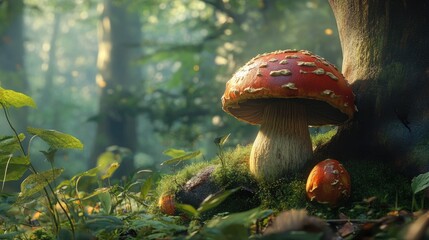 Aufkleber - Vibrant Boletus subtomentosus mushroom nestled in a forest setting with dappled sunlight and lush greenery around it