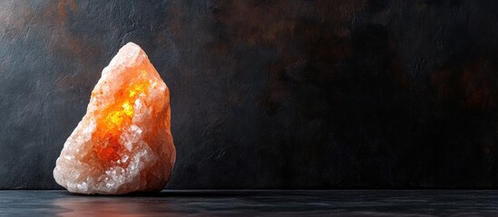 Fototapete - Crystal salt lamp illuminated against a dark backdrop with ample space for text or messaging creating a serene atmosphere and aesthetic appeal