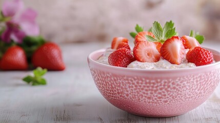Poster - Bowl of delicious porridge topped with fresh strawberries on a rustic table with empty space for text or branding elements