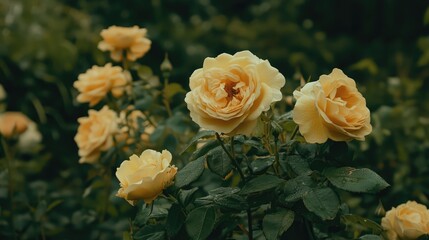 Poster - Yellow roses blooming in a lush garden with vibrant green foliage creating a serene natural atmosphere