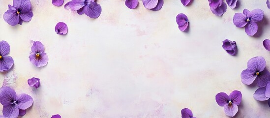 Poster - Elegant floral banner with blooming violets and blank copyspace for text, perfect for invitations or spring-themed promotions.