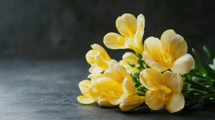 Poster - Elegant bouquet of yellow freesia flowers on table against dark background with space for text or floral design elements