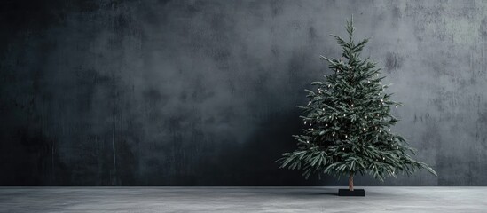 Poster - Black Christmas Tree with Large Branches in Minimalist Space Against Concrete Wall Ideal for Holiday Decor and Text Placement