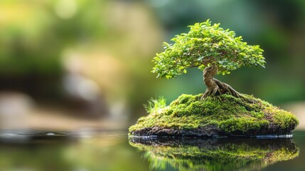 Poster - Bonsai tree on serene mossy island with tranquil water reflection in lush forest setting