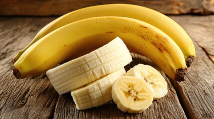 Poster - Fresh Bananas with Sliced Sections on Rustic Wooden Surface for Healthy Snack Concept