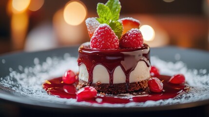 Aufkleber - Exquisite gourmet dessert featuring chocolate, raspberries, and mint presented elegantly on a plate with a festive ambiance