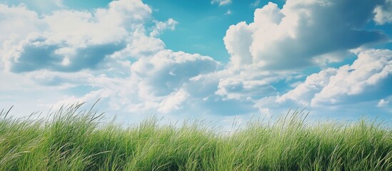 Poster - Wilderness landscape featuring lush green grass beneath a vibrant blue sky with clouds ideal for adding custom text or graphics.