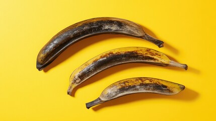 Aufkleber - Ripe Bananas with Dark Spots on Vibrant Yellow Background Showcasing Colorful Freshness and Liveliness in Food Imagery