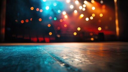 Poster - Bokeh lights illuminating a vibrant theater stage with a blurred wooden floor in the foreground creating a magical atmosphere