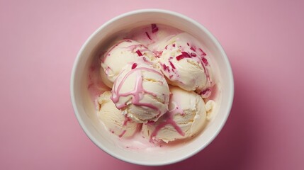 Aufkleber - Bowl of colorful slightly melted ice cream with drizzled toppings on pastel pink background top view
