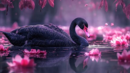 Aufkleber - Elegant black swan gliding through serene lake adorned with pink lotus flowers in a tranquil natural setting.