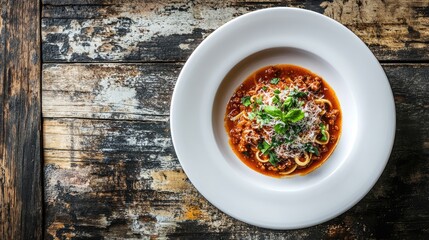 Poster - Bolognese pasta with rich tomato sauce garnished with herbs served on a white plate against a rustic wooden table background
