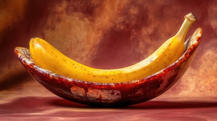 Poster - Banana fruit displayed in a decorative red agate bowl with a textured background showcasing colors and natural elements