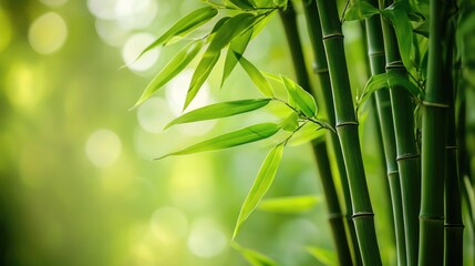 Aufkleber - Lush green bamboo leaves and trunks with a blurred background creating a serene and tranquil natural atmosphere.