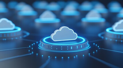 Poster - 3d render of digital cloud technology concept with futuristic neon glow design for cloud computing s