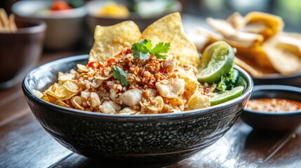 Poster - Bowl of crispy potato chips topped with chili and garnished Thai food on wooden table setting