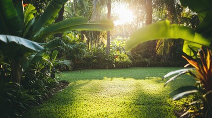 Poster - Lush garden featuring banana trees amidst vibrant greenery and sunlight creating a serene tropical atmosphere