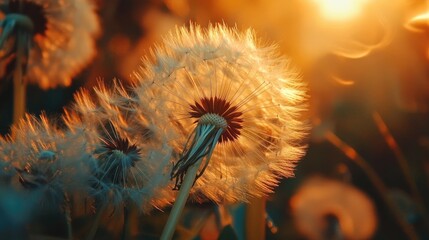 Aufkleber - Dandelion flower glowing in sunset light with delicate seeds ready to disperse creating a serene nature portrait