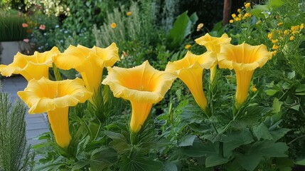 Poster - Vibrant yellow trumpet flowers in full bloom amidst lush greenery in a picturesque garden setting.