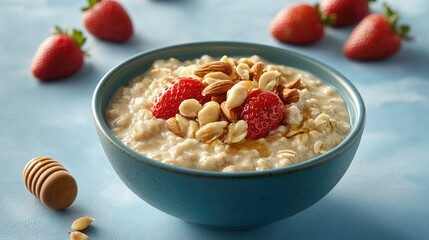 Poster - Bowl of creamy oatmeal porridge topped with honey, almonds, and strawberries on a blue background. Healthy breakfast concept.