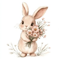 Aufkleber - Cute illustration of a rabbit holding a bouquet of flowers in a soft, whimsical style. Generative AI