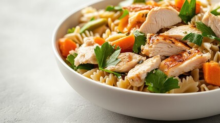 Poster - Bow tie pasta salad with grilled chicken and fresh vegetables in a white bowl with ample empty space for customized text or branding