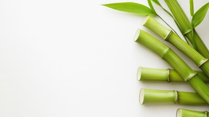 Poster - Fresh bamboo stems with vibrant green leaves on a clean white background showcasing natural beauty and tranquility in design.