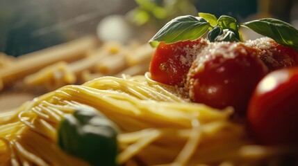 Poster - Bolognese pasta with fresh ingredients featuring basil and tomatoes on a wooden table in a warm culinary setting