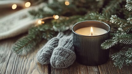 Aufkleber - Cozy winter scene with black candle pine branches and knitted mittens on rustic wooden table creating a warm ambiance for the holidays