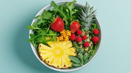 Poster - Vibrant summer salad bowl featuring arugula, strawberries, pineapple, and edible flowers for a healthy food trend.