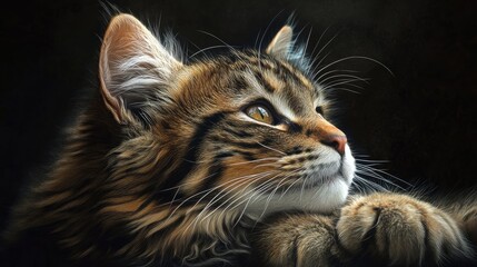 Poster - Majestic portrait of a young kitten with captivating eyes and soft fur against a dark background, showcasing its adorable features and charm.