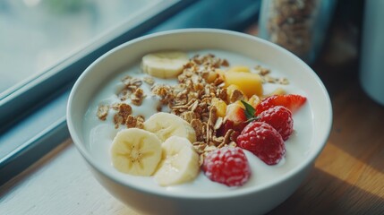 Poster - Healthy yogurt bowl topped with fresh fruit and granola on a wooden table by the window, perfect for a nutritious breakfast option.