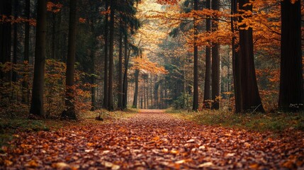 Aufkleber - Serene Autumn Forest Pathway Surrounded by Vibrant Golden and Orange Leaves in a Tranquil Natural Environment