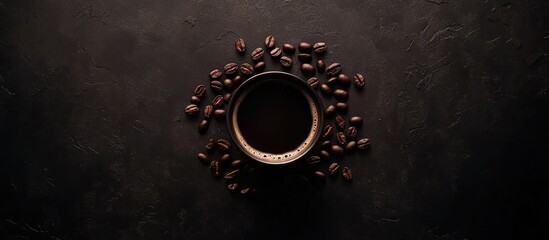 Poster - Black coffee cup surrounded by coffee beans on dark surface with ample copyspace for text showcasing elegance and simplicity in design