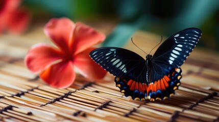 Poster - Vibrant butterfly perched on a bamboo mat with tropical flowers in a serene natural setting showcasing beauty and nature's artistry