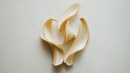 Poster - Curled banana peels arranged artistically on a neutral background showcasing natural textures and colors for creative compositions.