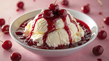 Poster - Classic vanilla ice cream sundae topped with cherry sauce and fresh cherries on a pastel pink background appealing dessert presentation