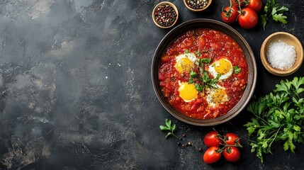 Poster - Delicious Shakshuka with Fried Eggs and Tomatoes in Pan Healthy Vegetarian Mediterranean Dish Top View Presentation
