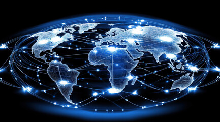 Wall Mural - digital globe with glowing connections across world, showcasing global communication and technology. interconnected lines represent data flow and networking