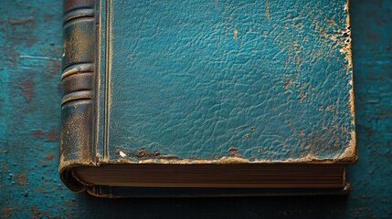 Poster - Vintage blue leather book cover with textured surface and aged edges on rustic background