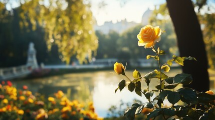 Aufkleber - Serene park scene featuring a vibrant yellow rose with a picturesque pond and blooming flowers in the background during golden hour.