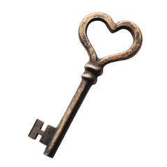 Wall Mural - Heart-shaped key resting on a flat surface with a vintage look isolated on white