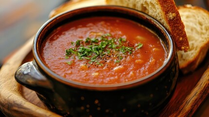 Aufkleber - Delicious Tomato Soup Served in a Bread Bowl Garnished with Fresh Herbs and Accompanied by Slices of Crusty Bread
